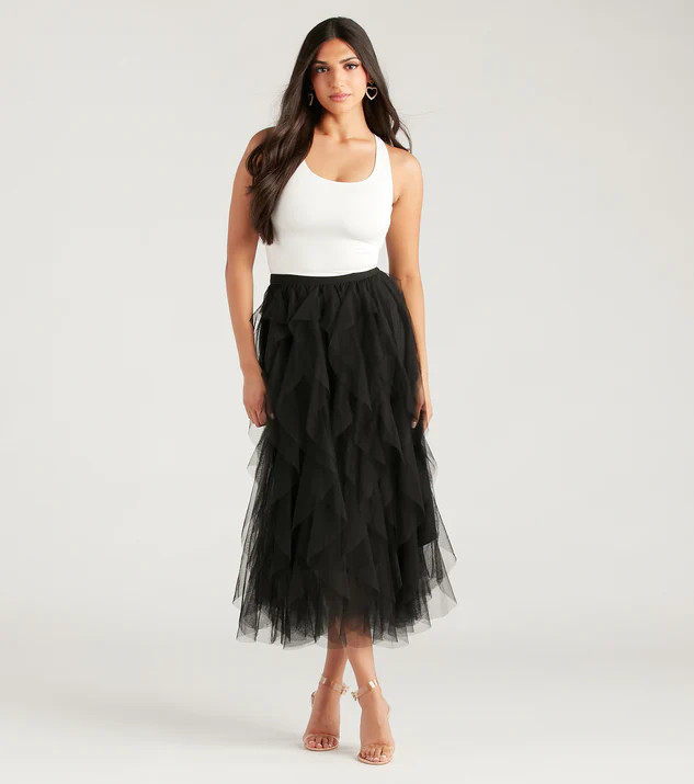 A Little Drama Ruffled Tulle Midi Skirt | Windsor Stores