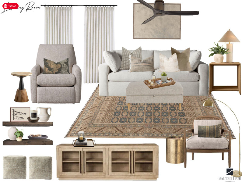  
Living room design. Great room furniture. Media console. Sofa. Recliner chair. Ceiling fan. Printed rug. Linen curtains. Artwork. Decor  
 

#LTKHome