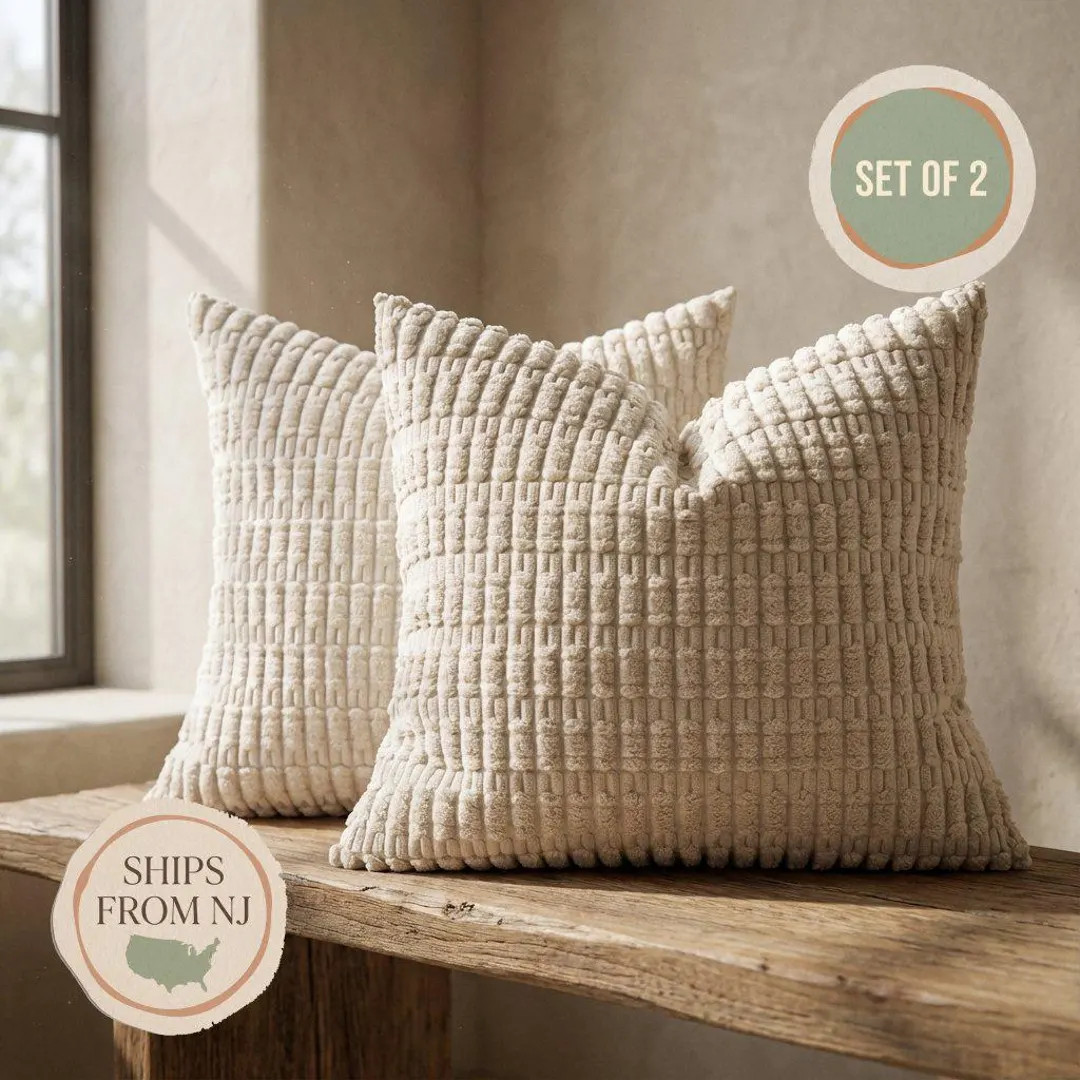 Corduroy Throw Pillow Covers Set of 2, Soft Textured Cushion Case, Neutral Farmhouse Decor - Etsy | Etsy (US)