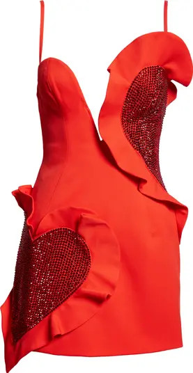 Area Crystal Embellished Heart Ruffle Stretch Virgin Wool Minidress | Nordstrom | Nordstrom