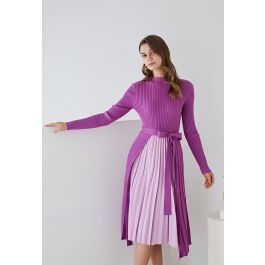 Front Pleats Splicing Belted Hi-Lo Knit Dress in Violet | Chicwish