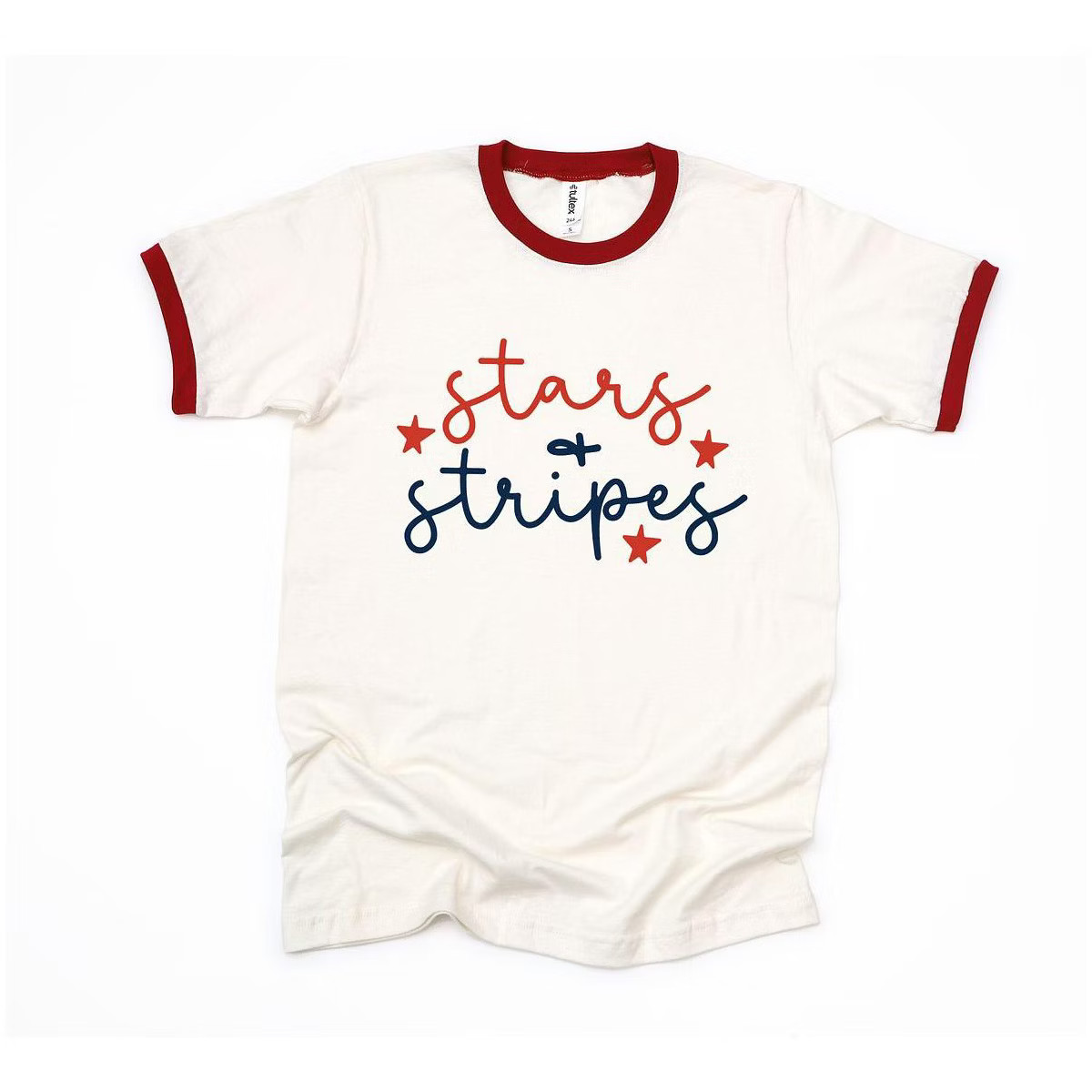 Simply Sage Market Women's Patriotic Stars and Stripes Cursive Short Sleeve Ringer Tee | Target