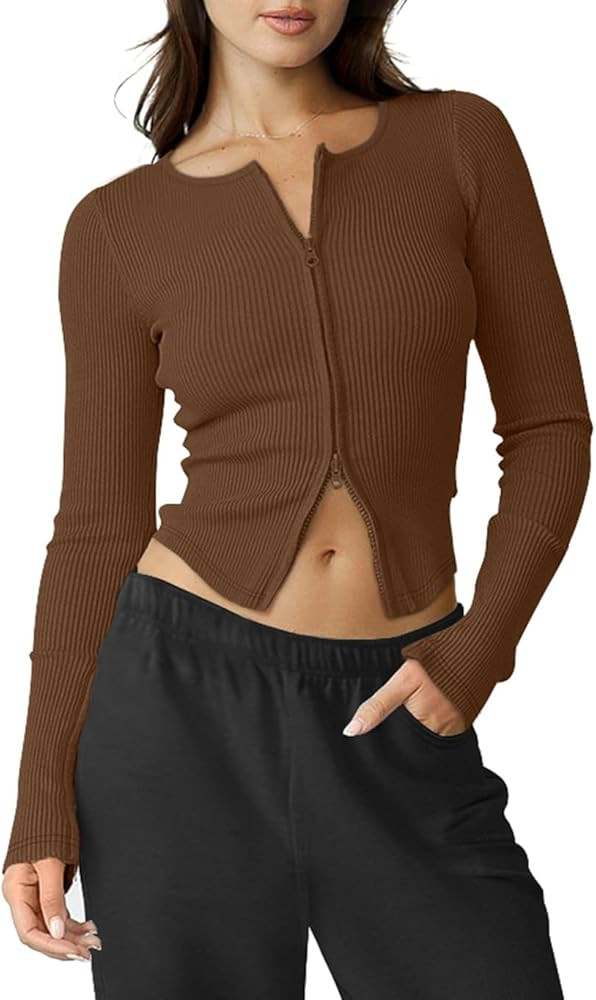 Womens Double Zip UP Ribbed Jacket Long Sleeve Workout Cropped Tops Crew Neck Lightweight Running... | Amazon (US)