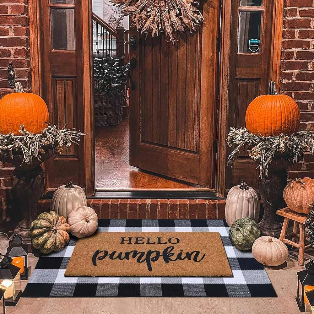Fall Decor Door Mat Combo Set, 100% Coco Coir Welcome Mat + 28 x 43 Inches Black and White Plaid ... | Amazon (US)