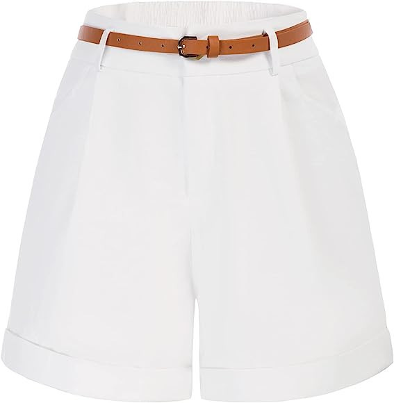 Belle Poque Women Bermuda Shorts Elastic Waist Wide Leg Shorts with Pockets & Belts | Amazon (US)