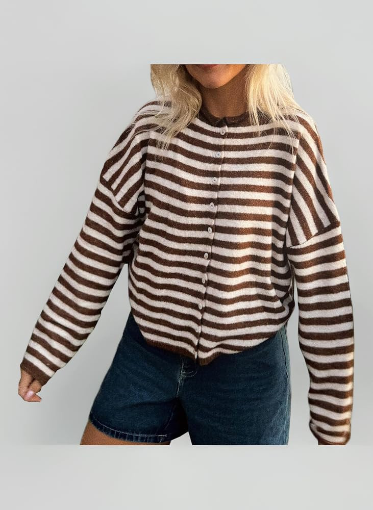 Himllauen Women's Striped Cardigan, Loose Long Sleeve Cropped Cardigan, Soft Crew Neck Short Cardigan with Buttons for Autumn and Spring, khaki, S : Amazon.de: Fashion | Amazon (DE)