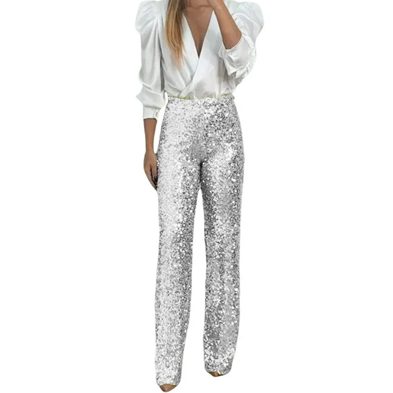 Hpapadks Womens Pants Retro Solid Color Elastic Waist Sequin Pant Slim Fit Slacks for Women Silve... | Walmart (US)