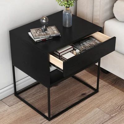 Black Modern Nightstand with Drawer and Black Metal Base-Homary | Homary