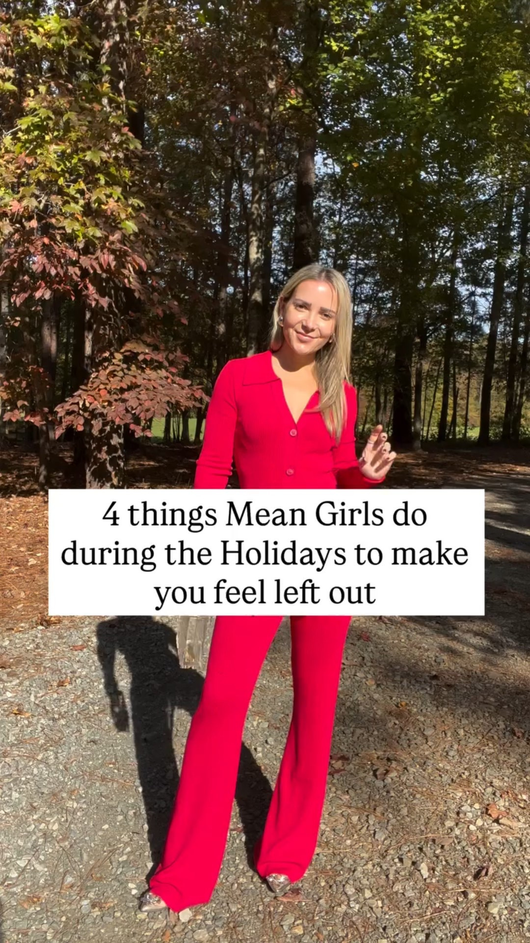 Comment Mean Girl for exact words & tips to use, so you can take back you power this holiday season instead of freezing up, all found inside my member’s area Assertive You. Also inside, a place to ask me anonymous consult questions and access to my Mean Girl guides. 

Comment Outfit for links. Red matching set, Thanksgiving outfit, holiday outfit 

As for the 4 things Mean Girls do during the Holidays to make you feel left out 

You find out you weren’t invited to Friendsgiving through someone’s story, the “so grateful for my girls” kind, posted like you wouldn’t notice.

And if you do bring it up later, they’ll act surprised: “You should’ve come!” as if you were the one who misunderstood. Because playing innocent keeps their image clean and leaves you questioning your worth.

They “accidentally” show you their packed holiday plans. The dinners, the Secret Santa exchange, the cookie-decorating play date. The point isn’t to include you, it’s to remind you you’re not part of any of it. 

They slip in subtle digs disguised as small talk: “Oh, you’re doing plastic holiday decorations this year? “That’s cute, we just do fresh garlands, I love how festive they smell.”
It’s not about decorations, it’s status-checking, a quiet way to remind you they stand a little above you.

About Christie, Dr. C: I’m a Johns Hopkins-trained clinical psychologist with a background in CBT, DBT, ACT, behavioral psychology, and motivational models. I blend evidence-based strategies with lived experience to help you handle mean girls, navigate parenting challenges, set real boundaries, make new friends, and stop shrinking in your friendships.

#LTKHoliday #LTKFindsUnder100 #LTKParties