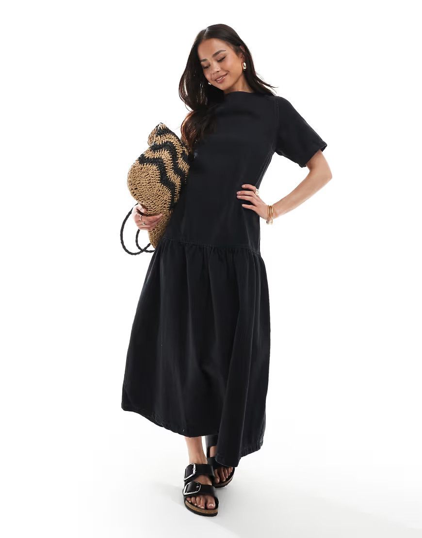 ASOS DESIGN denim t-shirt midi dress with dropped waist in black | ASOS (Global)