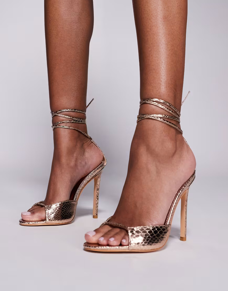 Public Desire Kalisto tie leg heeled sandals in gold | ASOS (Global)