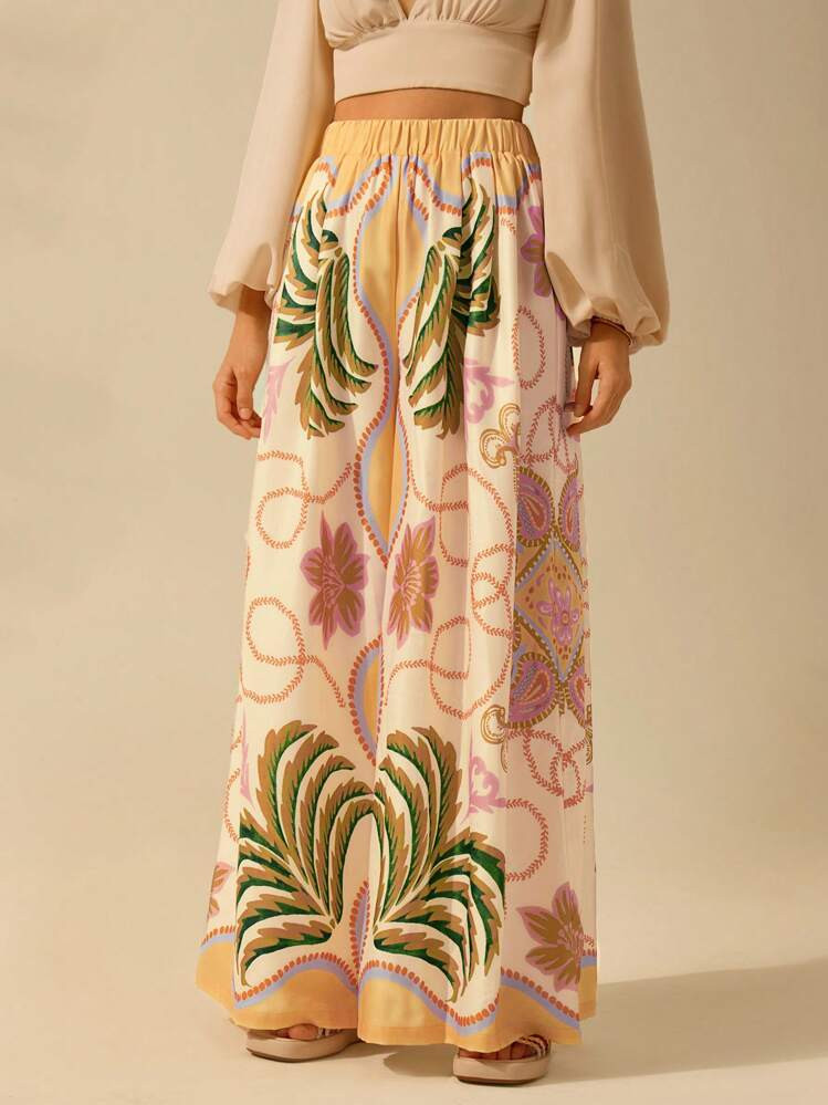 CAJUNI Women's Boho Tropical Print Casual Loose Wide Leg Palazzo Pants, Vacation/Beach | SHEIN
