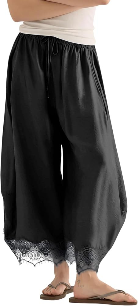Women's Cropped Lace-Hem Pants Summer Wide Leg Drawstring Waisted Lounge Palazzo Trousers with Po... | Amazon (US)