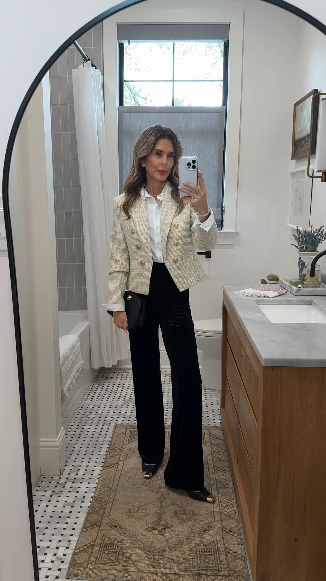 I’m 5’6”
-Velvet pants are smoothing and incredibly flattering! TTS
- Bodysuit fits like a glove TTS 
-heels TTS
-Favorite jewelry 
-Tweed blazer is beautiful TTS DISCOUNT CODE TAMMY25

#LTKHoliday #LTKOver40