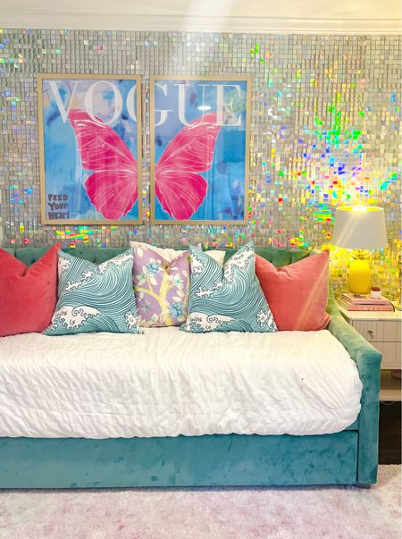 Teenage girly bedroom decor leveled up with this disco ball wall! #decor #girlydecor #colorfuldecor #discoball #girlroom #teengirl