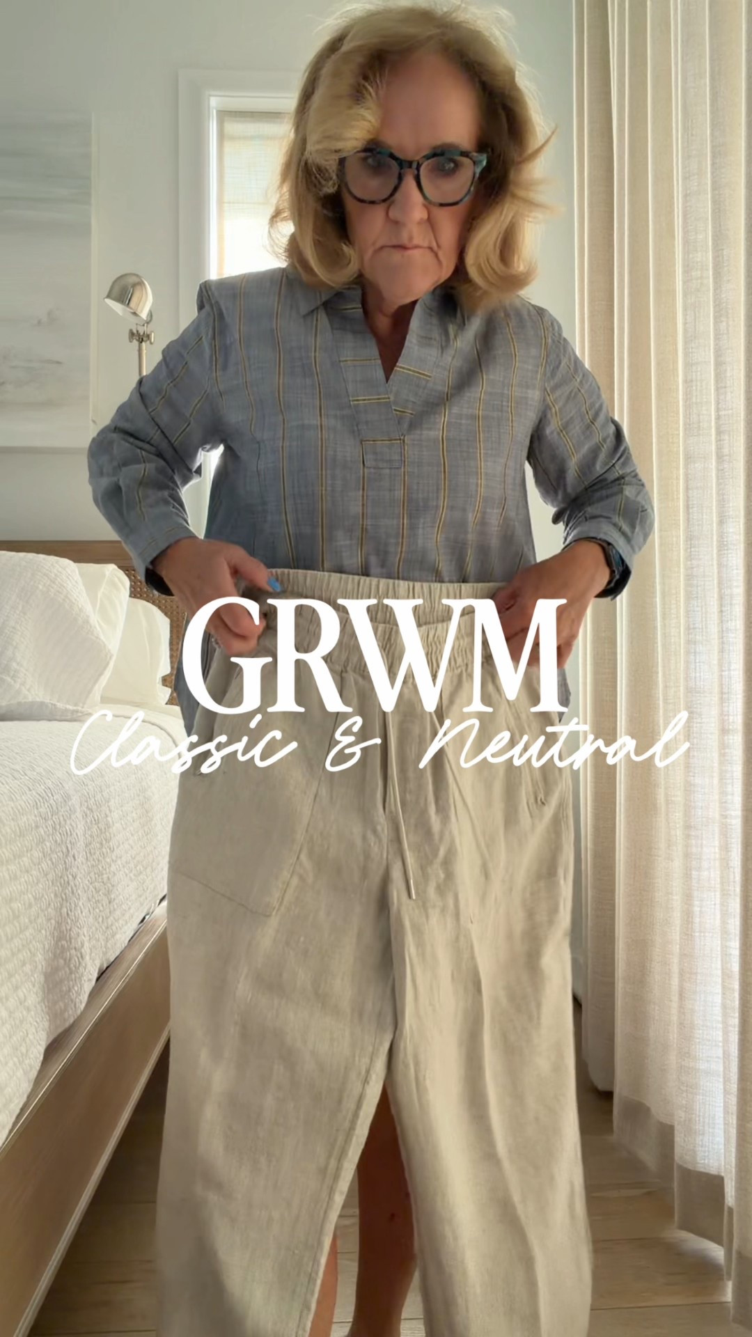 Athleta linen pants are a spring summer must have in this natural color! Wearing a medium petite 
Chambray  blouse with gold metallic stripes size 1. 
Metallic sweater size medium 

#LTKOver40 #LTKPetite #LTKSeasonal