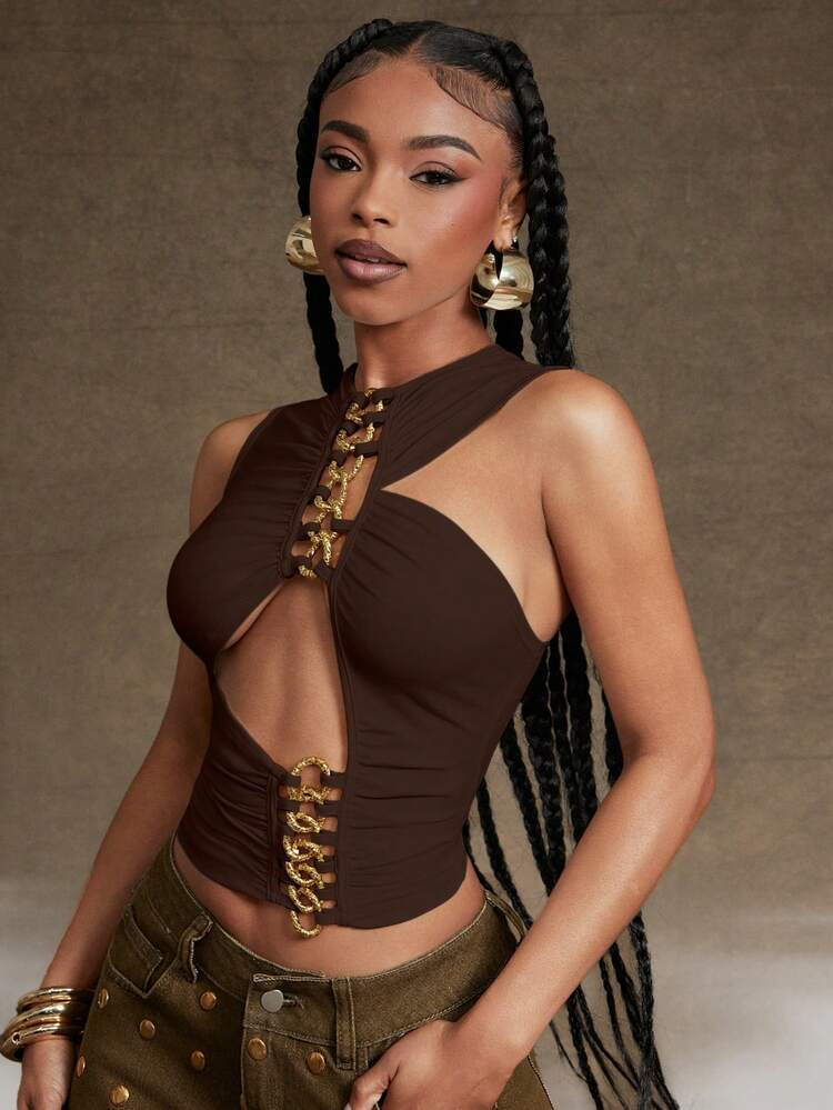 Denimoi Chain Detail Cut Out Sexy Top Concert Outfits Festival Outfits Clubwear | SHEIN