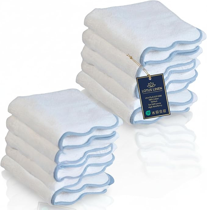 Lotus Linen Scallop Piping Washcloths Towel Set of 10 – 100% Zero Twist Cotton, Ultra Soft & Ab... | Amazon (US)