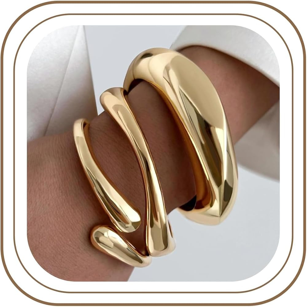 Chunky Gold Bangle Bracelets for Women, 14K Gold Plated Big Stackable Cuff Bracelet Set, Dainty Thick Dome Teardrop Bangles, Trendy Statement Jewelry Fashion Accessories | Amazon (US)