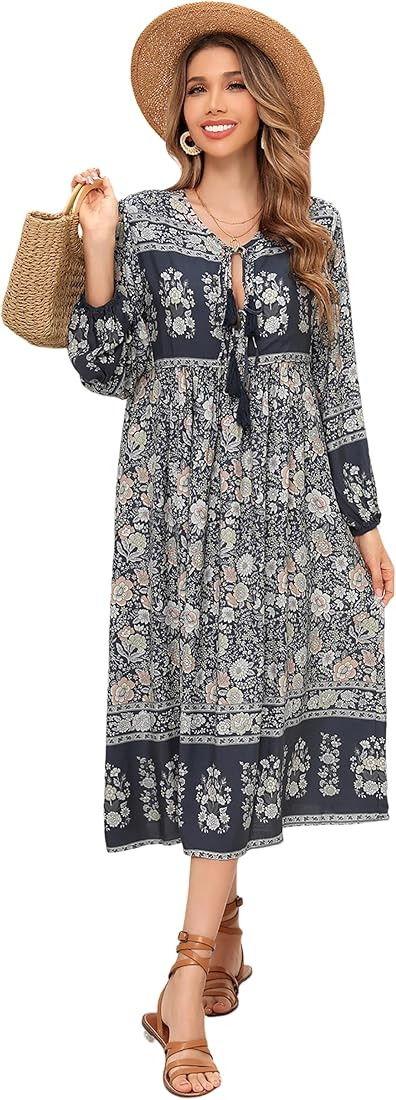 Women's Long Sleeve Floral Print Retro V Neck Tassel Bohemian Midi Dresses | Amazon (US)