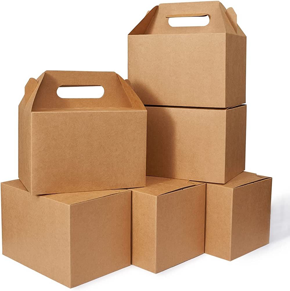 Happyhiram 30 CT 9x6x6 Large Box Lunch Boxes Cardboard Paper with Handles Kraft Brown, Gable Gift... | Amazon (US)