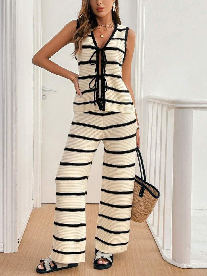 SHEIN Frenchy 2pcs Women Striped Tie-Front Cardigan Vest And Knitted Trousers Casual Set Women Fall Sets Fall Women Outfits | SHEIN
