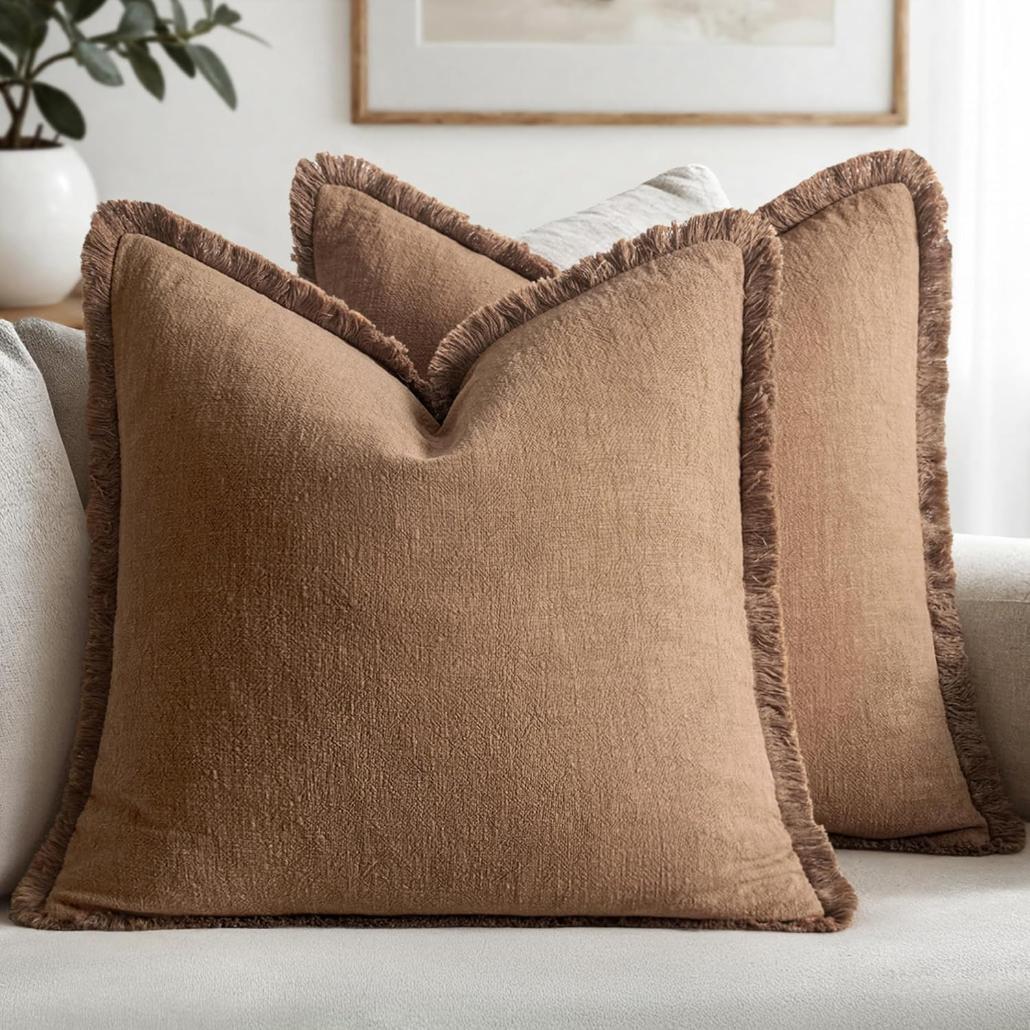 MIULEE Boho Linen Fringe Decorative Fall Throw Pillow Covers Brown 18x18 | Amazon (US)