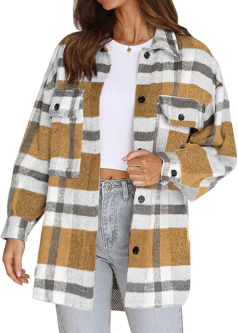Beaully Women's Flannel Plaid Jacket Long Sleeve Button Down Chest Pocketed Shirts Coats Shacket | Amazon (US)