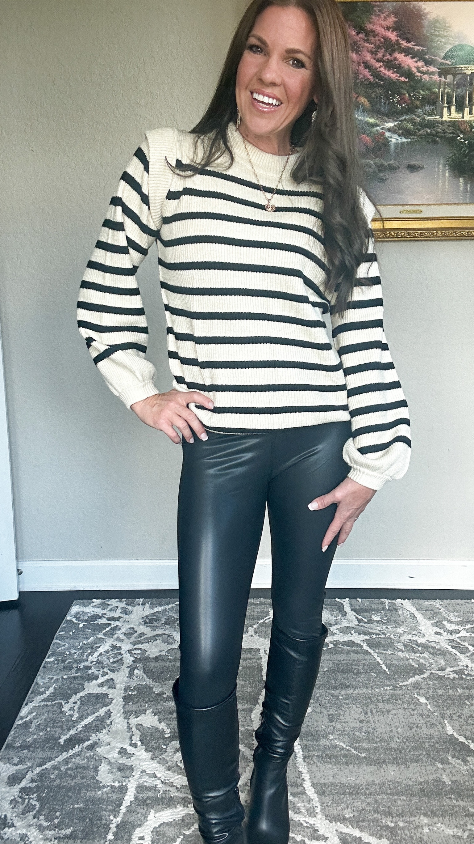 Fall outfit inspired! This sweater takes you from fall to winter and perfect styled with faux leather leggings, jeans, or classy work pants ❤️.

I’m wearing size small in top and bottoms. Y’all black boots

#LTKHoliday #LTKSeasonal #LTKstyletip
