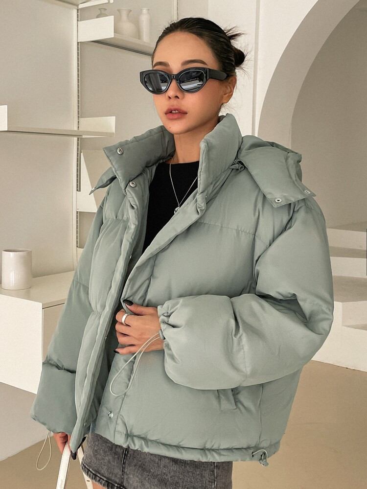 DAZY Drop Shoulder Drawstring Hem Hooded Puffer Coat | SHEIN