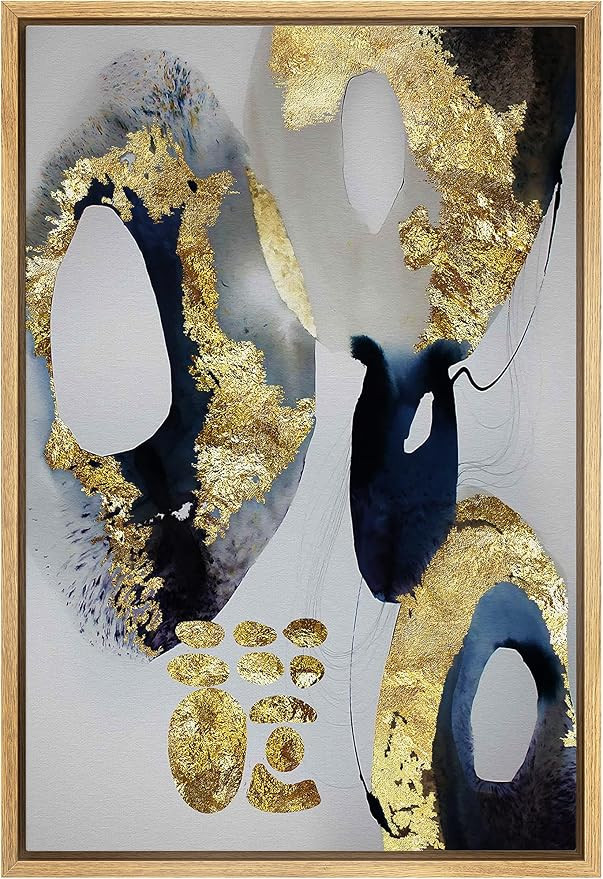 SIGNFORD Framed Canvas Print Wall Art Gold, Blue & Gray Watercolor Ovals Abstract Wilderness Illu... | Amazon (US)