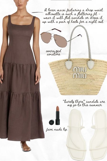 Summer outfit with oversized sunglasses, linen dress and straw bag. The best nude lipstick in shade Impulsive  