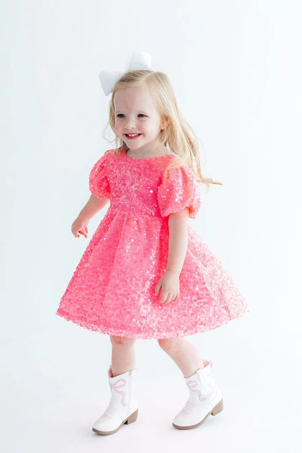 Neon Pink Puff Sleeve Sequin Dress | Mila & Rose