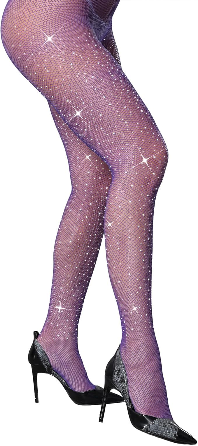 CHRLEISURE Women's Sparkle Rhinestone Fishnets Sexy Tights High Waist Stockings | Amazon (US)