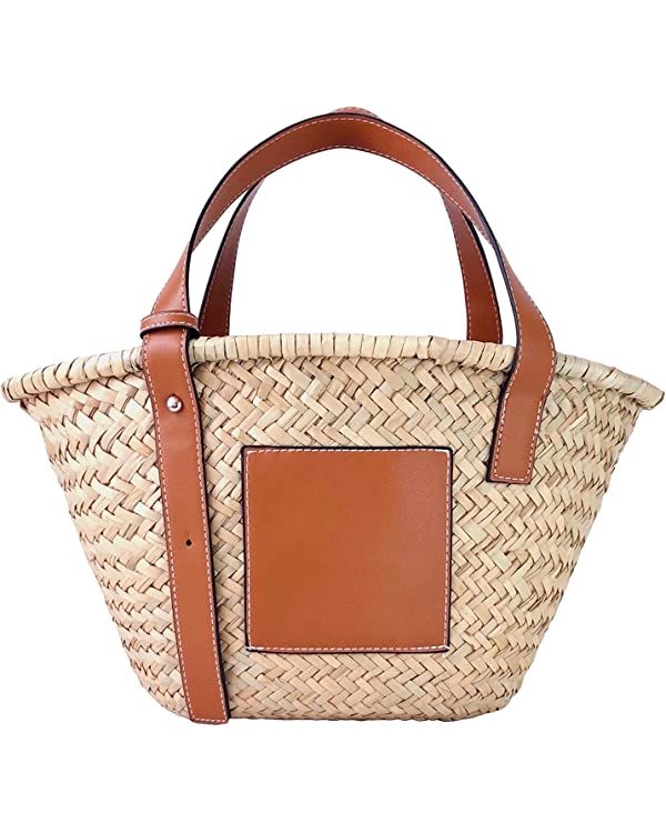 JAYAVENTURA Straw Basket Tote Bag for Women PU Leather Strap Hollow Woven Top Handle Straw Purses... | Amazon (US)