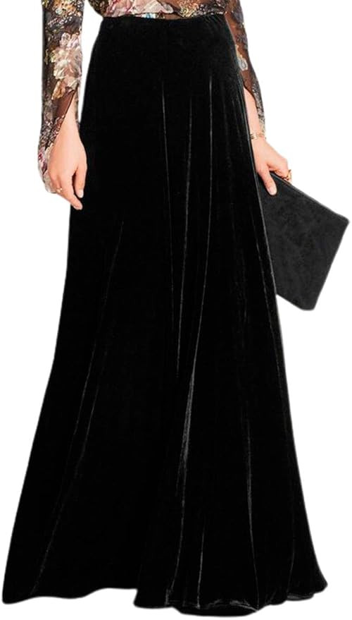 ebossy Women's Floor Length High Waist Evening Party Flowy Velvet Maxi Skirt | Amazon (US)