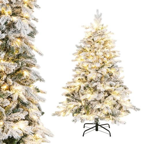Goplus 4.5ft Pre-Lit Snow Flocked Christmas Tree, Artificial Hinged Xmas Tree with 757 Branch Tips, PE & PVC Mixed Leaves, 120 Warm-White LED Lights, Foldable Metal Base, for Home Office Holiday Decor | Amazon (US)