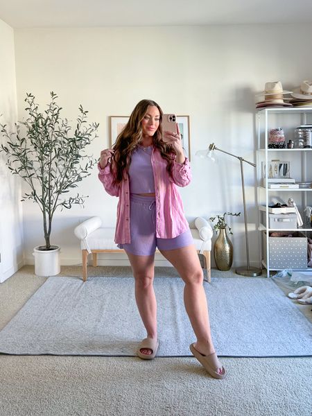 I always love a good little lounge set! Wearing a large in this, it’s fitted on my curvier frame. I’m a size 6/8, the shorts are tight!
Stripe button up as a cute little layer! 

#LTKfindsunder50 #LTKmidsize #LTKSeasonal