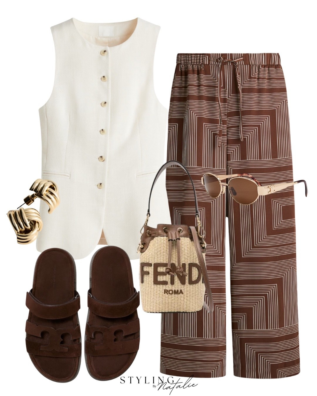 Long waistcoat, patterned drawstring trousers, suede Tory Burch sandals, Fendi bucket bag, Celine sunglasses & gold earrings. Comfy casual chic, effortless summer outfit, H&M, high street, pull on trousers, neutral look

#LTKuk #LTKworkwear #LTKsummer