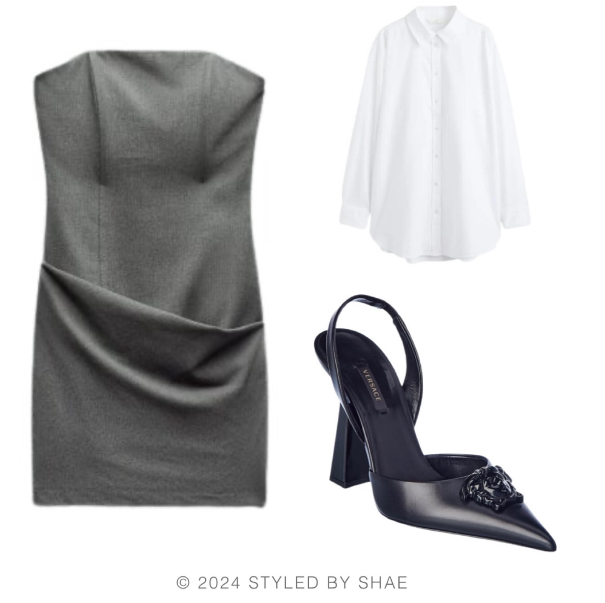 Dress is Zara linked similar 
Button up is amazon
Heels are Versace linked similar as well 

#LTKstyletip #LTKfindsunder50 #LTKworkwear