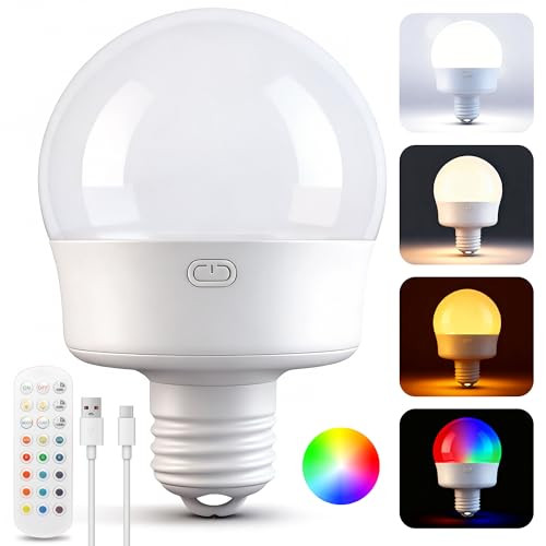 Rechargeable Battery Operated Light Bulbs, E26 Screw in (Magnetic Detachable) Light Bulb for Lamps with Remote Control Dimmable＆Timer, Wireless Puck Emergency Lamp for Non-Hardwired Wall Sconce | Amazon (US)