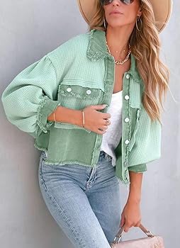 chouyatou Women's Cropped Waffle Knit Jacket Boyfriend Button Down Shirt Shacket Tops | Amazon (US)