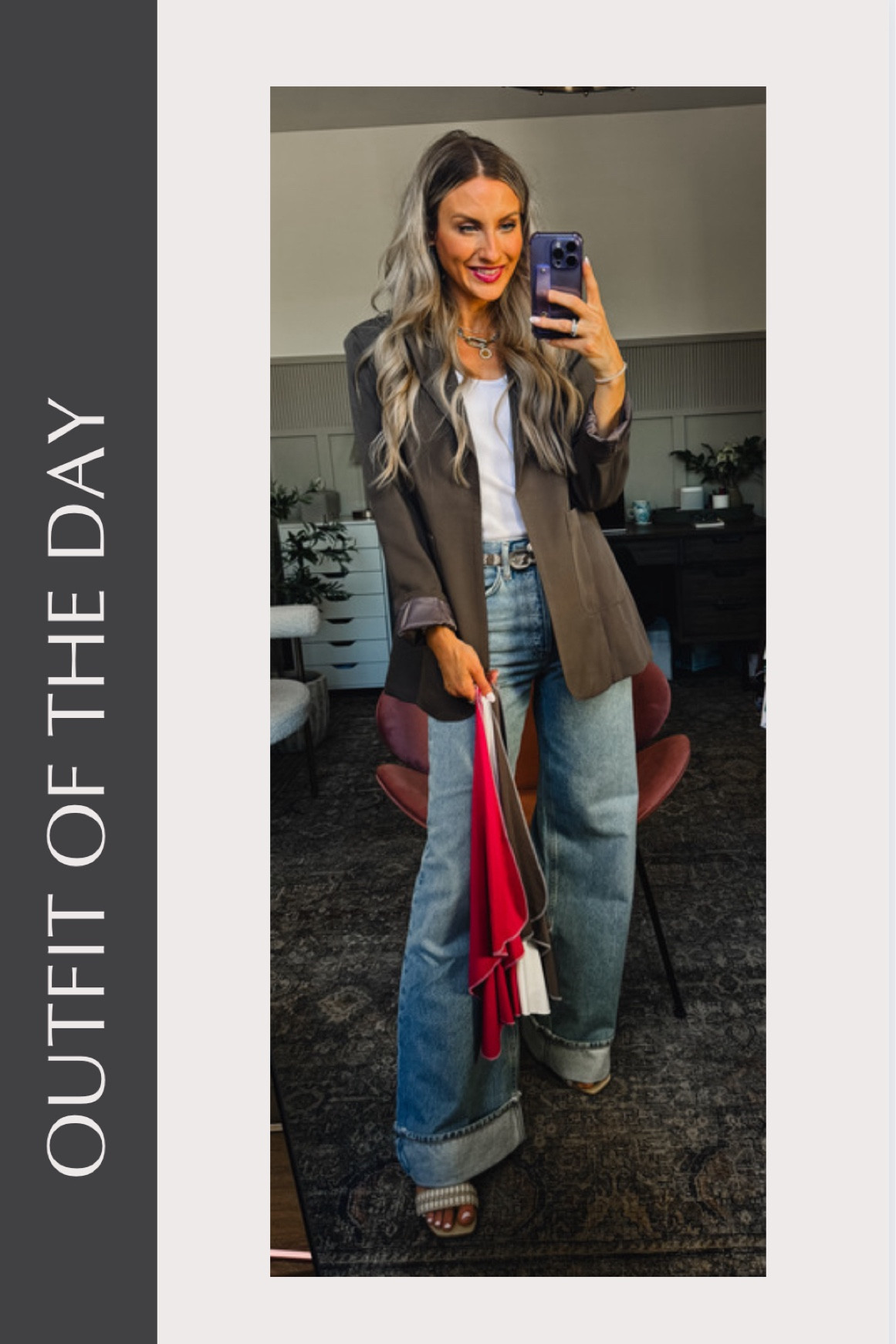 HOC Winter Mole blazer (color “black grey”) - I have my true size and it’s perfectly oversized. 
I sized down one in the jeans. They are super super LONG!! Great for long-legged ladies!
Belt is similar  