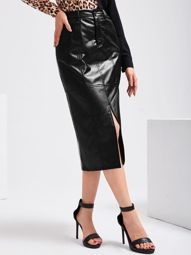 SHEIN High Waist PU Leather Slit Skirt | SHEIN