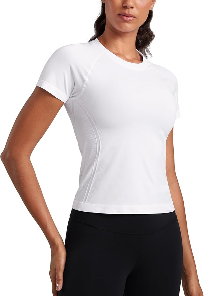 CRZ YOGA Seamless Workout Tops for Women Waist Length - Running Gym Athletic Yoga Short Sleeve Sh... | Amazon (US)