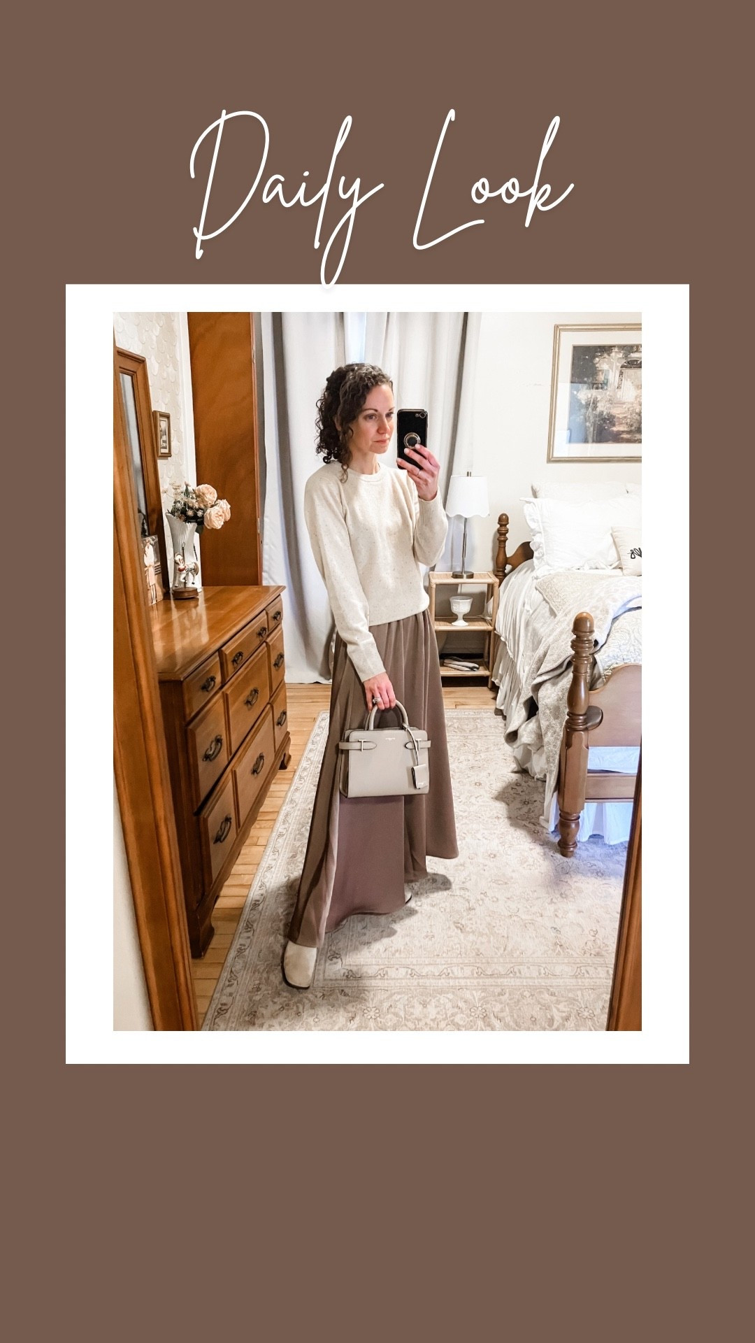 A neutral winter outfit!
Cream cashmere sweater is from Comoboca, linking similar. 
Mauve satin maxi skirt from @Chicwish 
Gold door knocker earrings from a local boutique, linking similar. 
Neutral leather handbag from Le Tannuer. 
Cream suede boots are old from Jeffrey Cambell, linking similar. 
Petite outfit. Classic outfit. Modest outfit. Neutral outfit  

#LTKOver40 #LTKgrwm #LTKootd