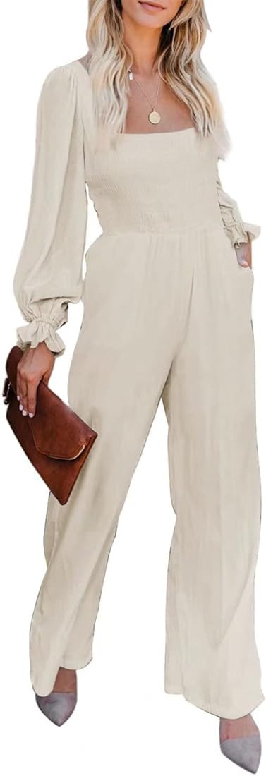 Womens Ruffle Long Sleeve High Waisted Long Wide Leg Jumpsuits Loose Fall Fashion Rompers S-XL | Amazon (US)