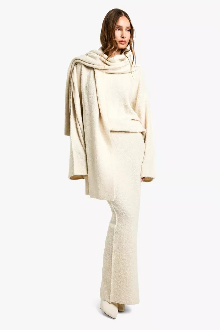 Borg Knit Oversized Jumper, Maxi Skirt And Scarf Three Piece Set | boohoo (US & Canada)