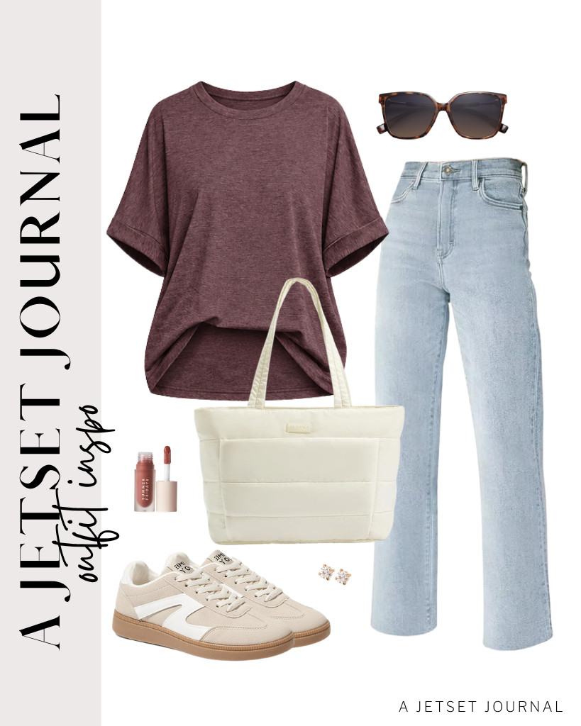Pair this wine-red ATHMILE tee with KDF straight-leg jeans for your next outfit. Style it with TIMEJOY retro sneakers and this trendy puffer tote bag. Finish the fit with SOJOS fashion square sunnies and Summer Fridays Dream Lip Oil. 

 #LTKSeasonal #LTKSaleAlert #LTKTravel