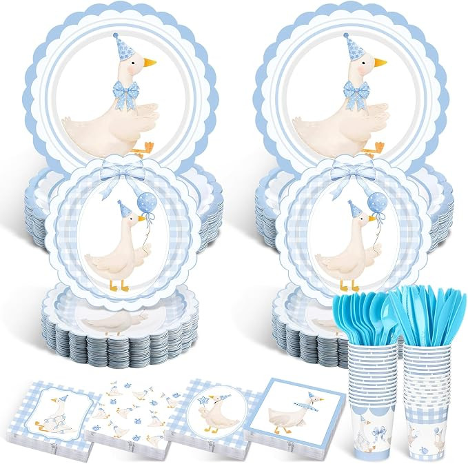 Zhehao 350 Pcs One Silly Goose Birthday Party Tableware Set Blue Bow Scalloped Baby Shower Plates... | Amazon (US)